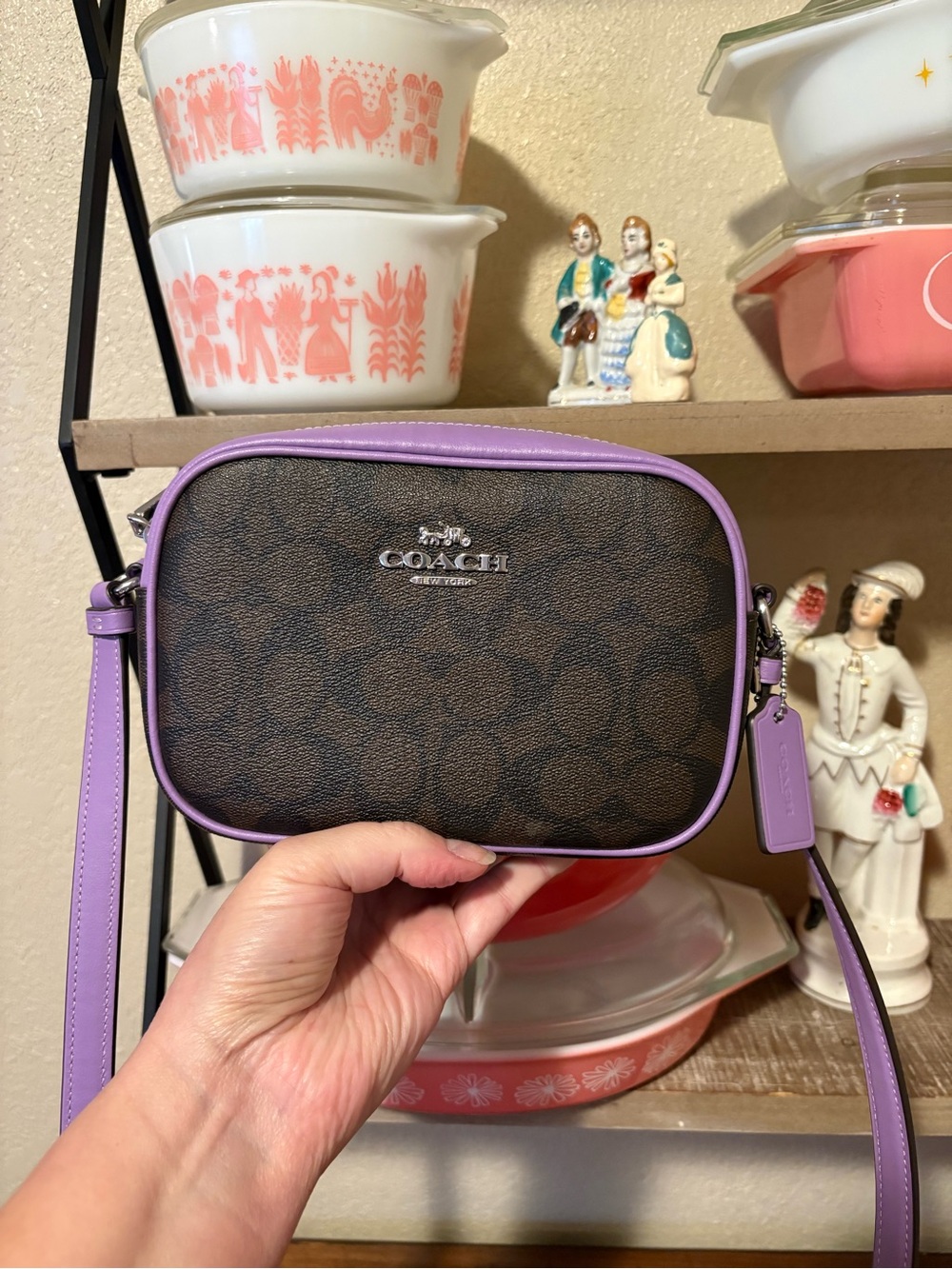 Coach Mini Jamie Camera Bag Signature Crossbody with Lavender Trim